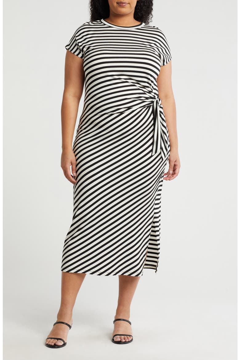 Stripe Knotted Cap Sleeve Shift Dress, Main, color, IVORY/ BLACK