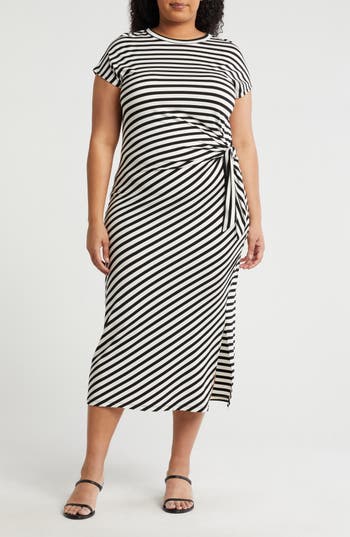 Renee C Stripe Knotted Cap Sleeve Shift Dress In Black