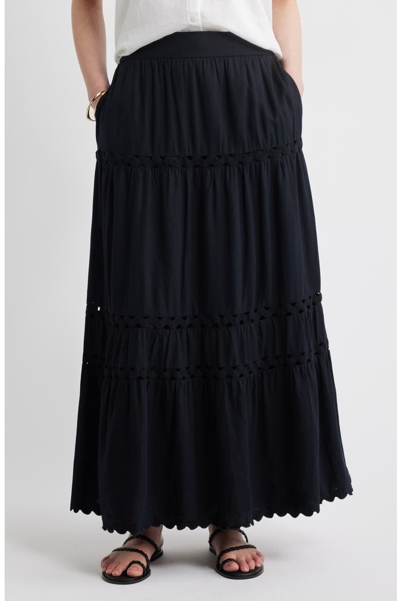 Rickrack Trim Linen Blend Tiered Maxi Skirt, Main, color, BLACK