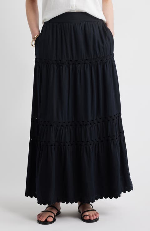 Rickrack Trim Linen Blend Tiered Maxi Skirt
