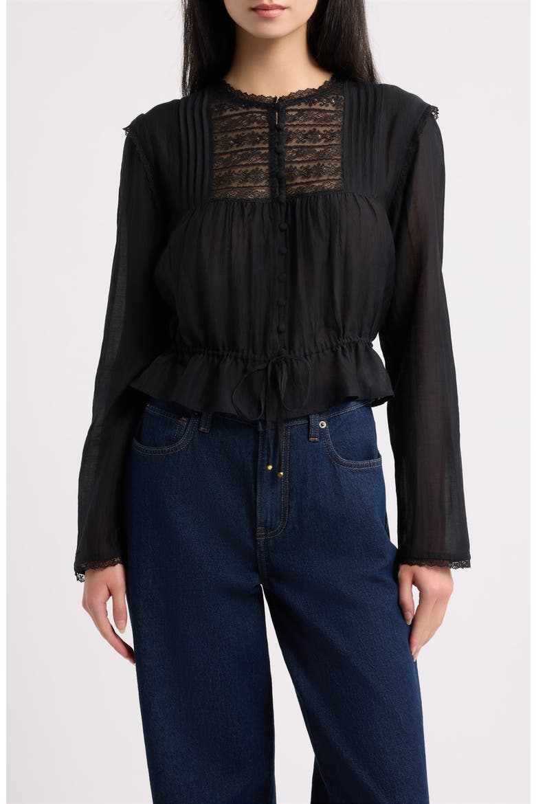 Hadley Pintuck Lace Cotton Blend Top, Main, color, BLACK