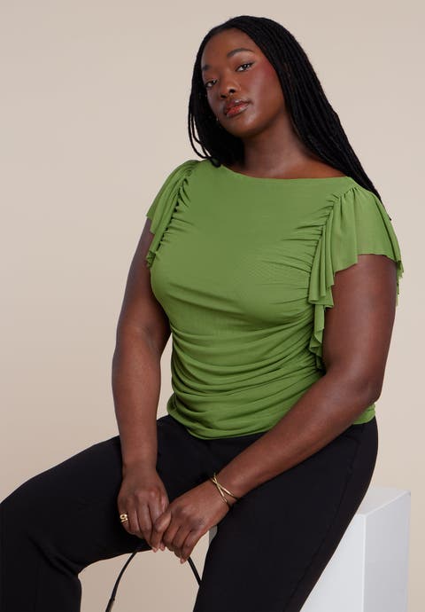 Shirred Mesh Top With Shoulder Flounces (Plus)