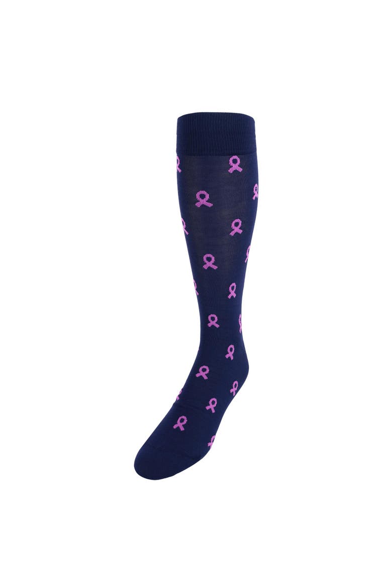 Breast Cancer Awareness Over The Calf Mercerized Cotton Socks, Main, color, Navy with Pink Ribbons