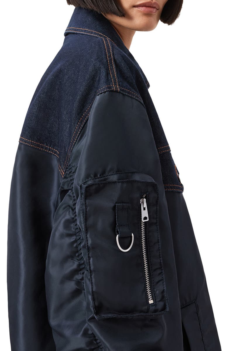 AllSaints Verity Mixed Media Bomber Jacket, Alternate, color, Navy Blue