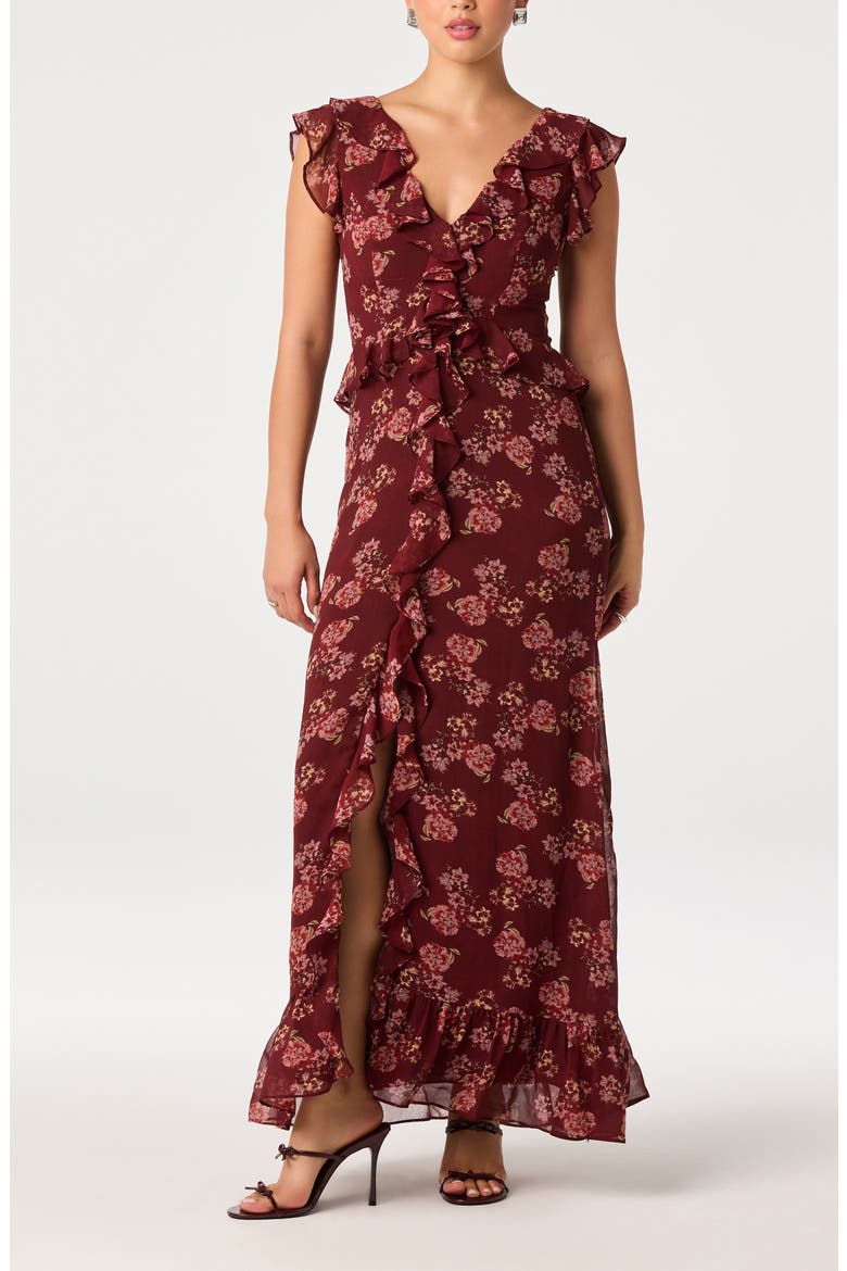 Joana Floral Ruffle Maxidress, Main, color, WINE FLORAL