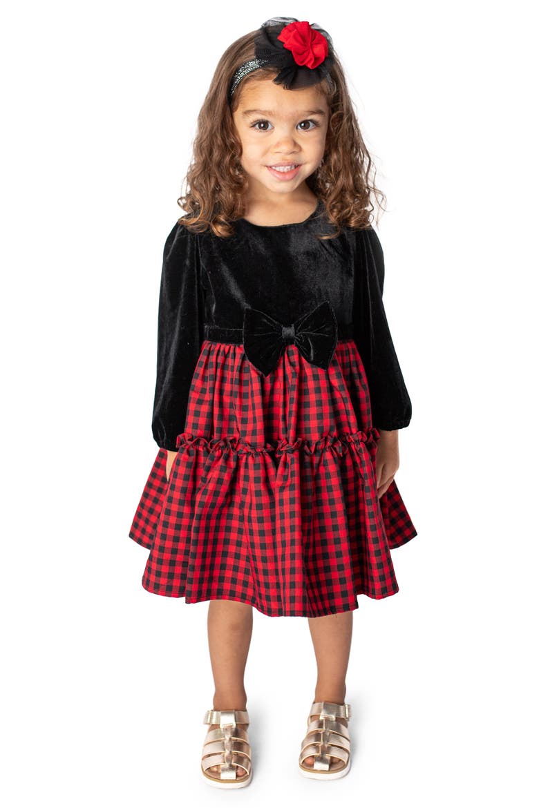 Kids' Check Long Sleeve Velvet Bodice Tiered Dress, Main, color, BLACK/ RED