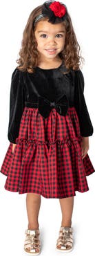 Popatu Kids' Check Long Sleeve Velvet Bodice Tiered Dress