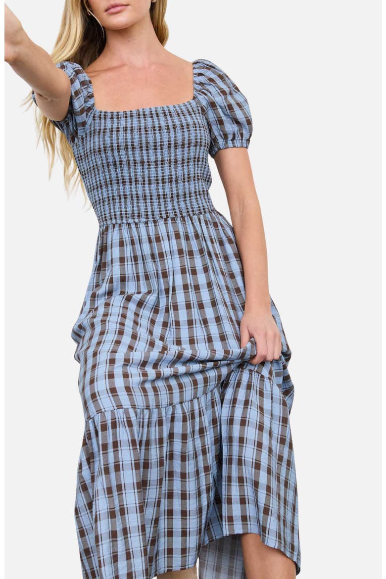 Smock Plaid Midi Dress, Alternate, color, DUSTY BLUE