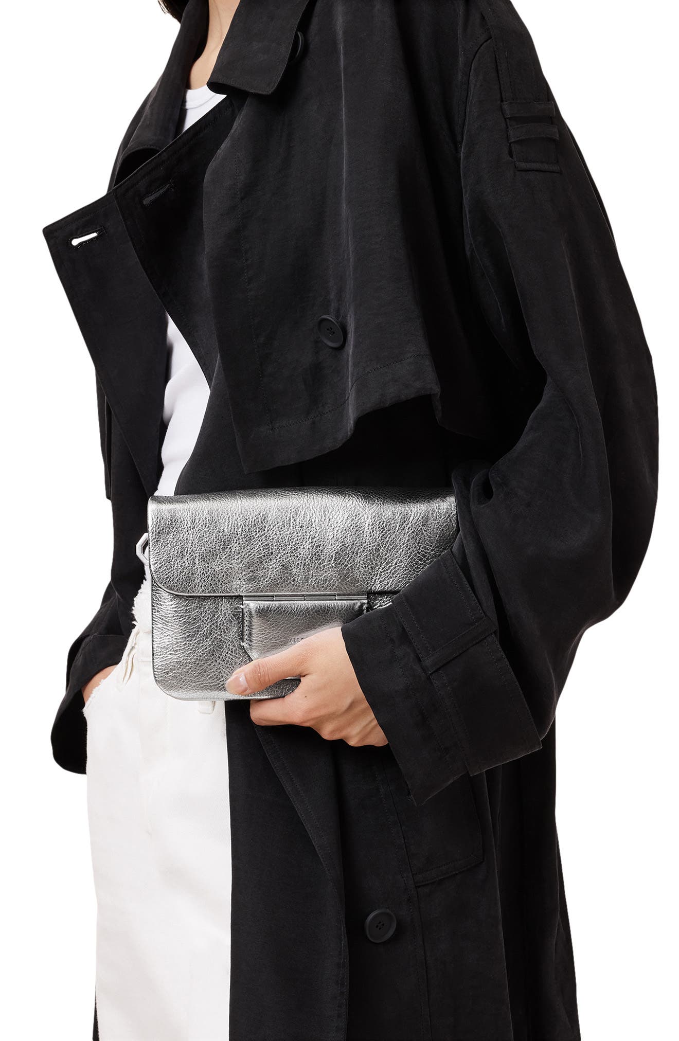 AllSaints Jupiter Metallic Leather Crossbody Bag, Alternate, color, Silver Crinkle
