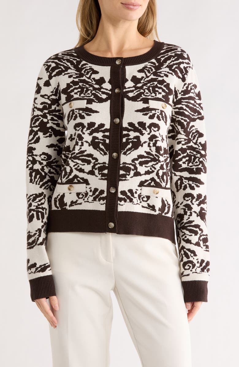 CYRUS Boyfriend Jacquard Cardigan, Main, color, Vienna Chocolate Brwn/ Cream