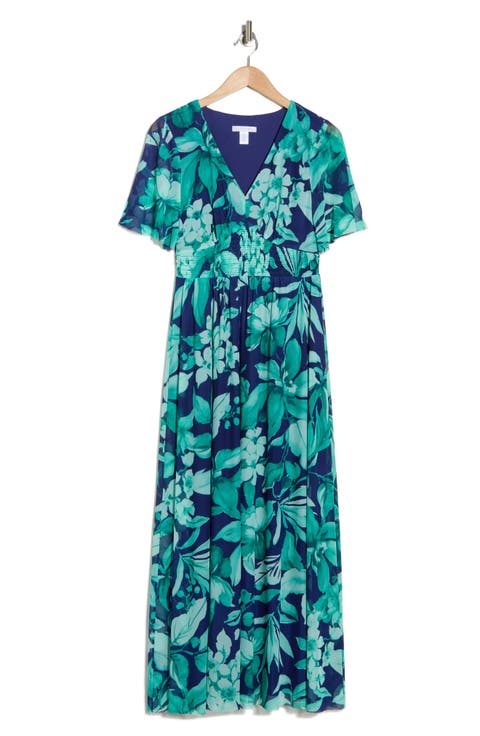 Floral Smocked Flutter Sleeve Mesh Maxi Dress