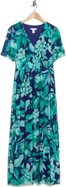 London Times Floral Smocked Flutter Sleeve Mesh Maxi Dress