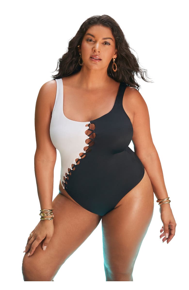 Swimsuits for All Square Neck Color Block Swimsuit, Main, color, Black White