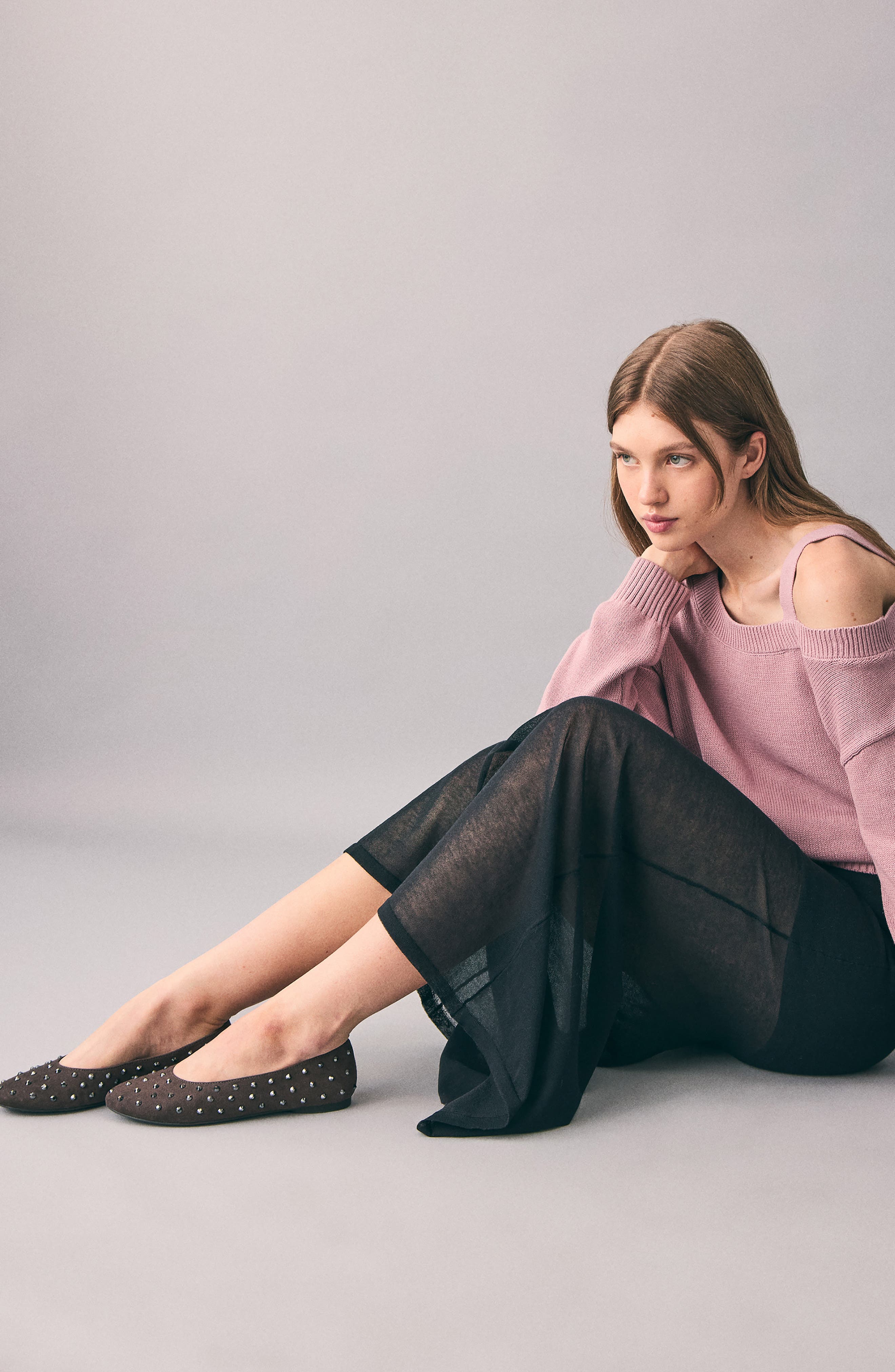 MANGO TEEN Studded Ballet Flat, Alternate, color, Charcoal