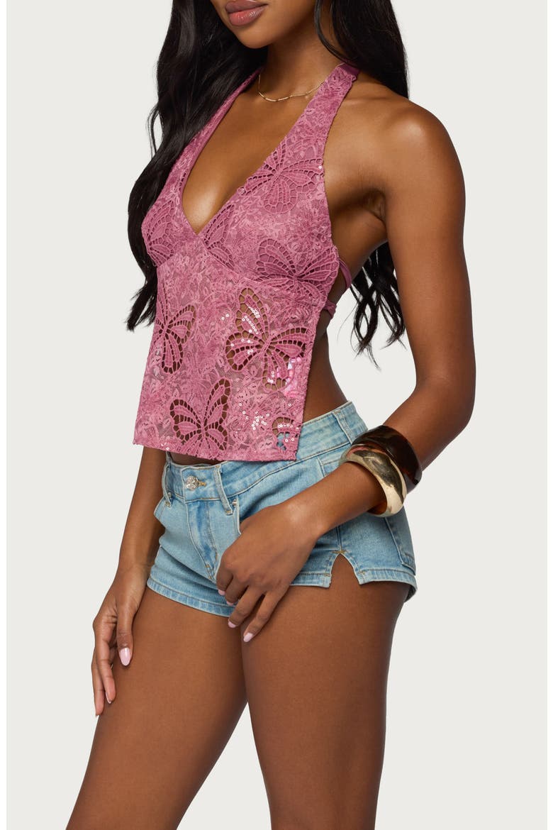Butterfly Sequin Open Back Halter Top, Alternate, color, MAUVE