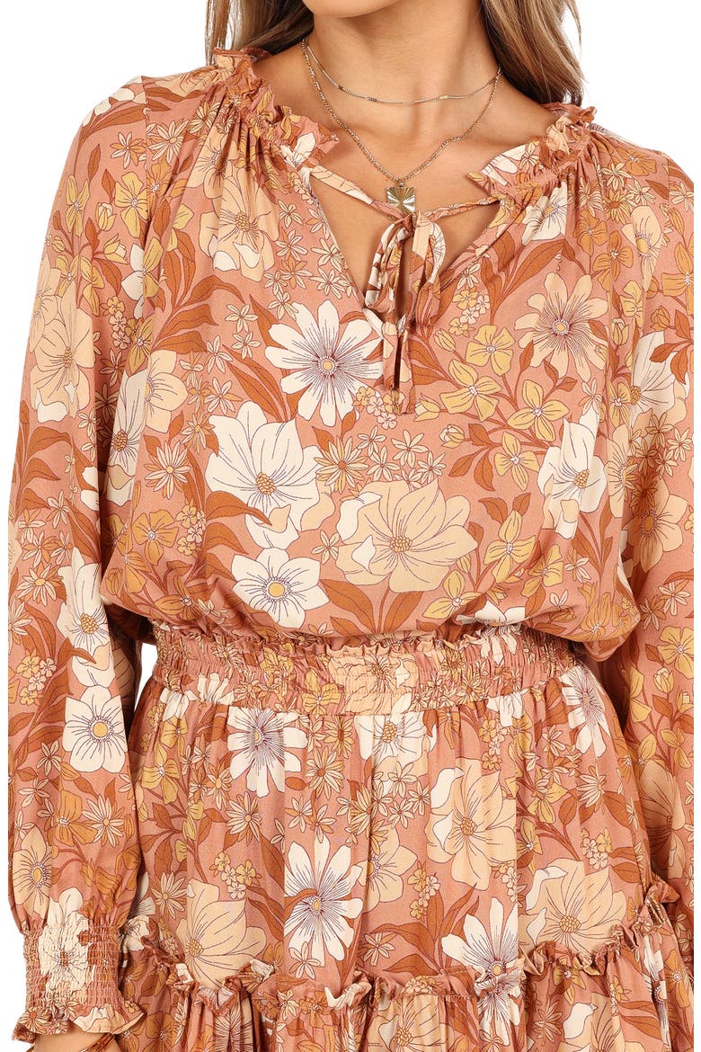 Kealan Floral Print Smocked Long Sleeve Tiered Minidress, Alternate, color, BROWN