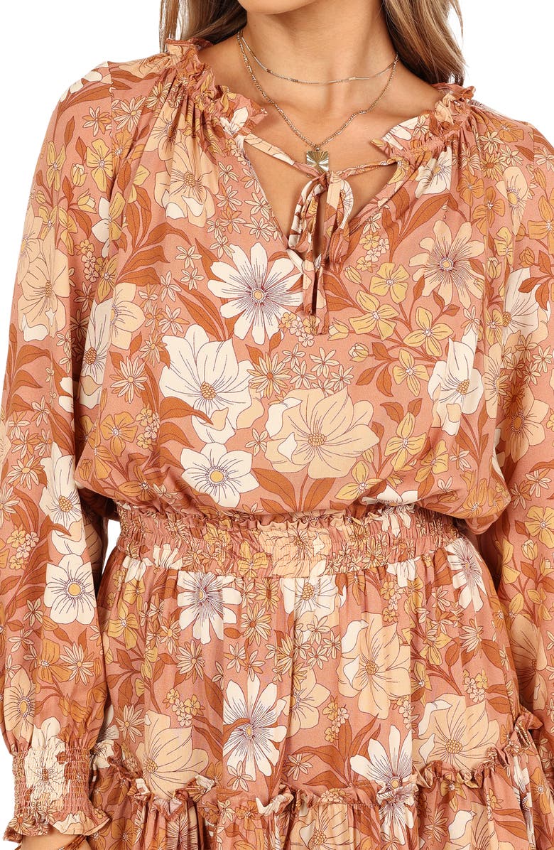 Petal & Pup Kealan Floral Print Smocked Long Sleeve Tiered Minidress, Alternate, color, Brown