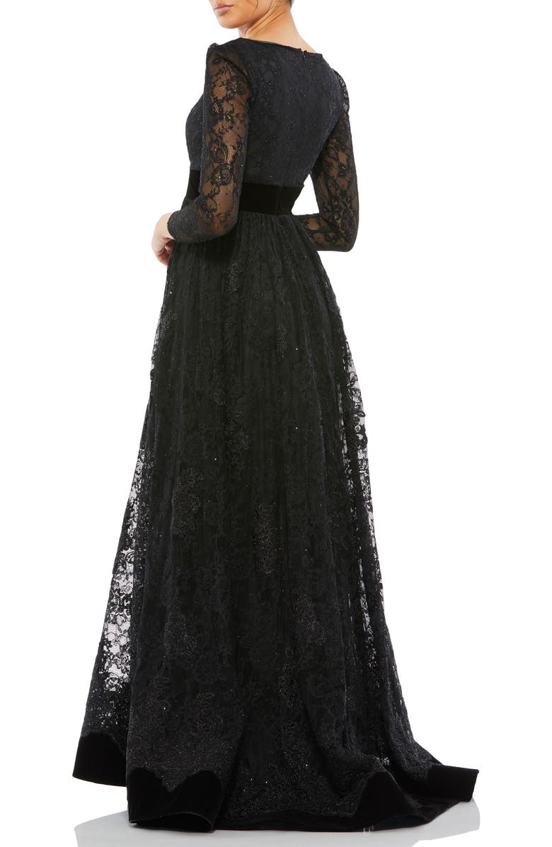 Mac Duggal Lace Long Sleeve Wrap Over Velvet Waistband A Line, Alternate, color, Black