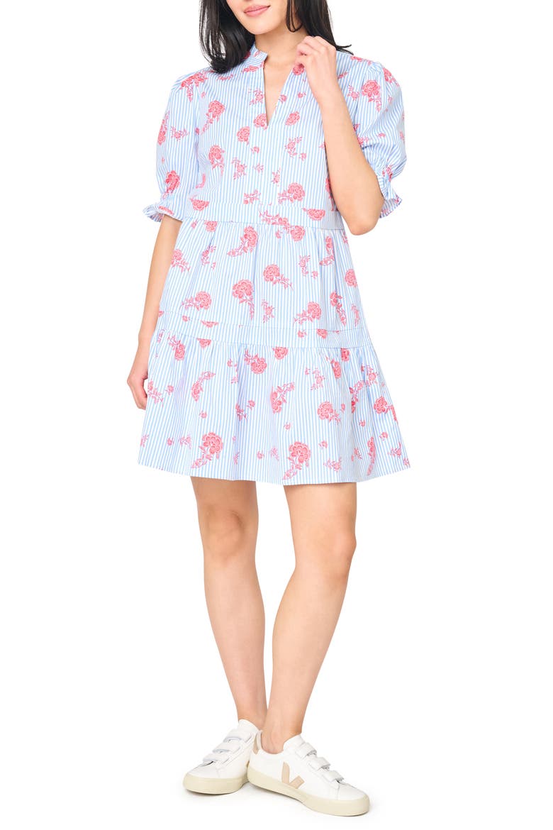 Puff Sleeve Dress, Main, color, NAUTICAL ROSE STRIPE
