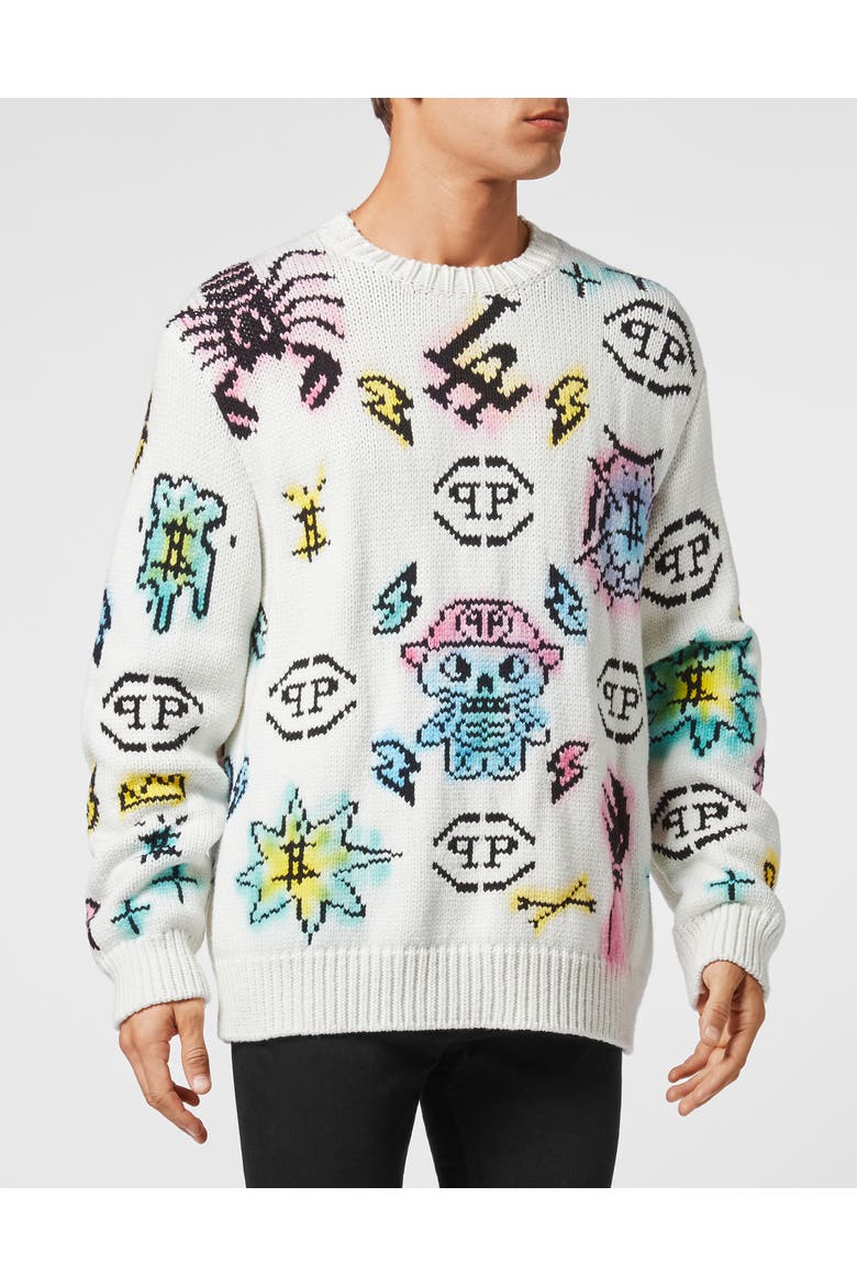Wool Cotton Pullover Round Neck Ls Tattoo Monogram Men, Main, color, white