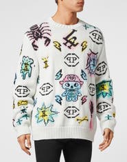PHILIPP PLEIN Wool Cotton Pullover Round Neck Ls Tattoo Monogram Men