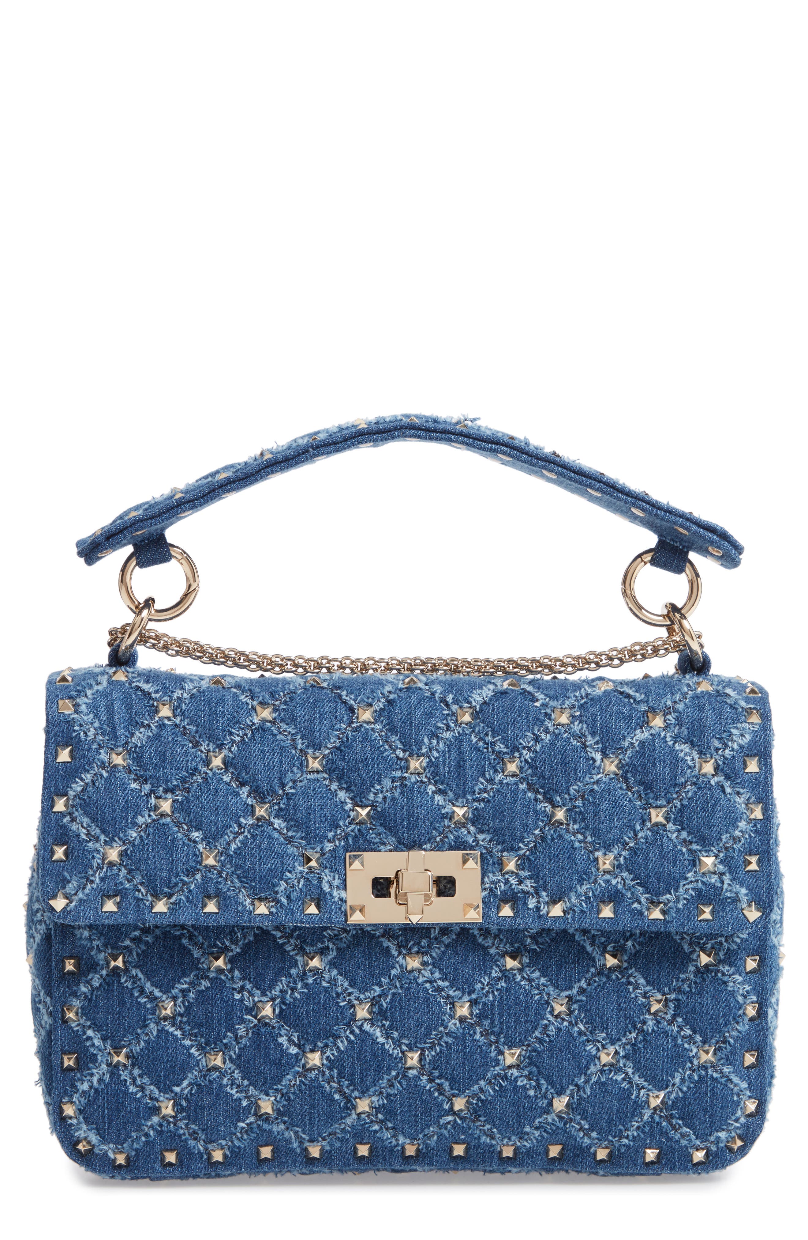 Valentino Garavani Rockstud Matelassé Denim Shoulder Bag, Main, color, 