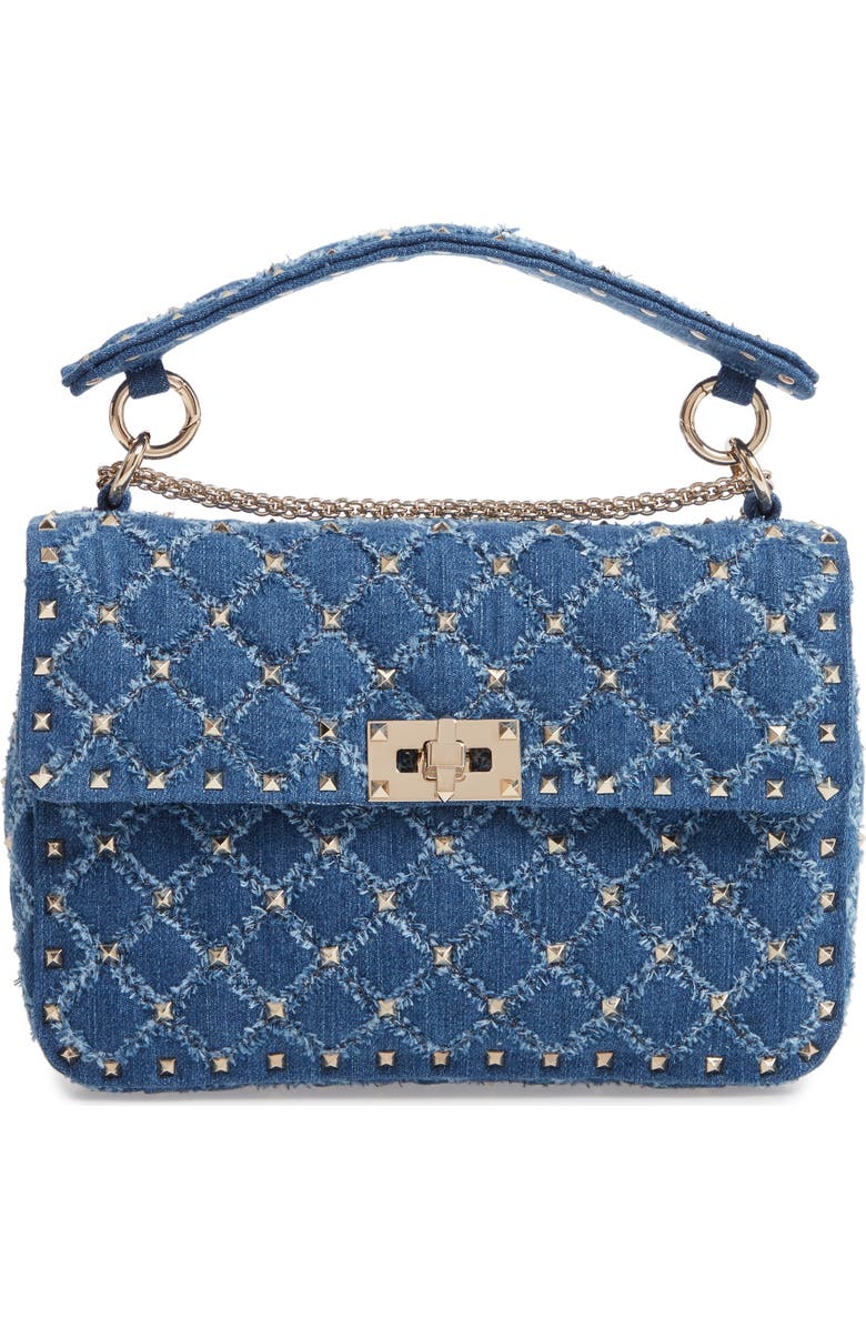 Valentino Garavani Rockstud Matelassé Denim Shoulder Bag, Main, color,