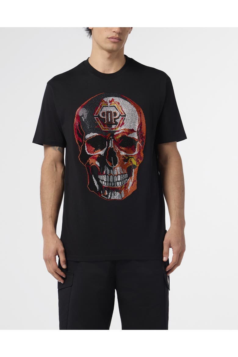Round Neck T-Shirt Lava Skull Stones Men, Main, color, black