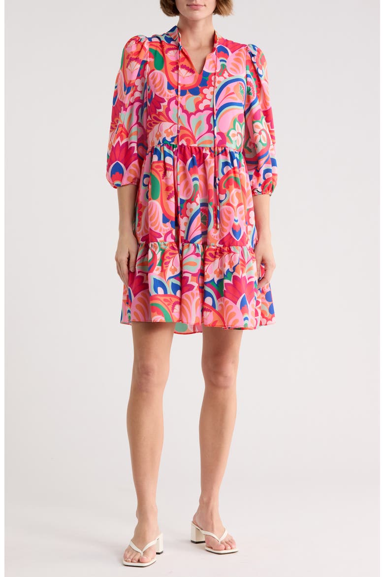 Balloon Sleeve Tiered Shift Dress, Main, color, PINK MULTI