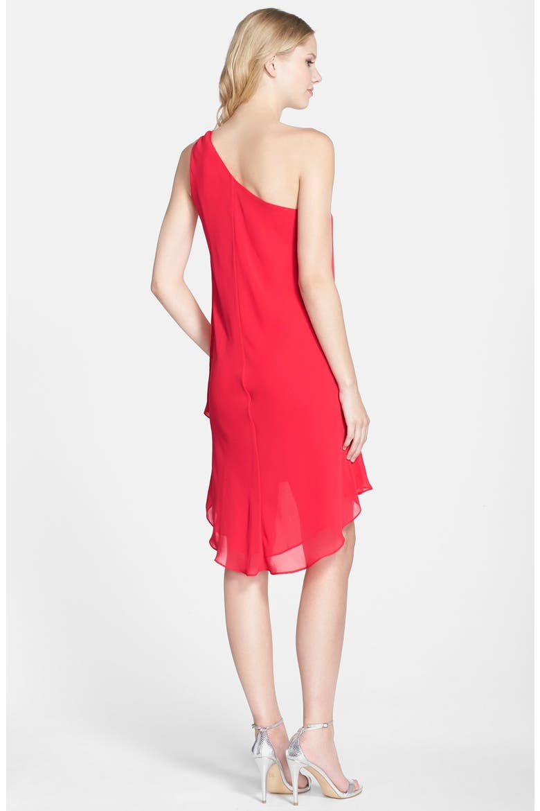 Asymmetrical Layered Chiffon One-Shoulder Dress, Alternate, color, BARBERRY
