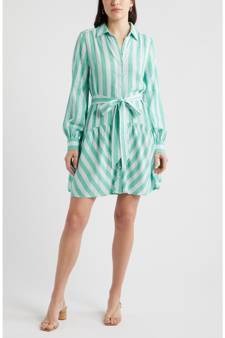 Long Sleeve Linen Blend Mini Shirtdress, Main, color, BLUE- GREEN CABANA STRIPE