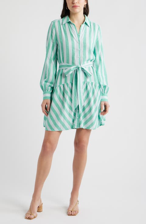 Gingham Long Sleeve Tiered Mini Shirtdress