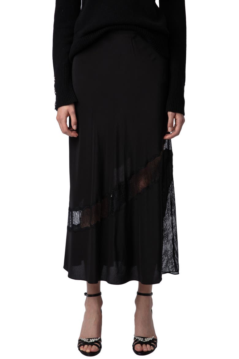 Jaylal Lace Trim Silk Maxi Skirt, Main, color, NOIR
