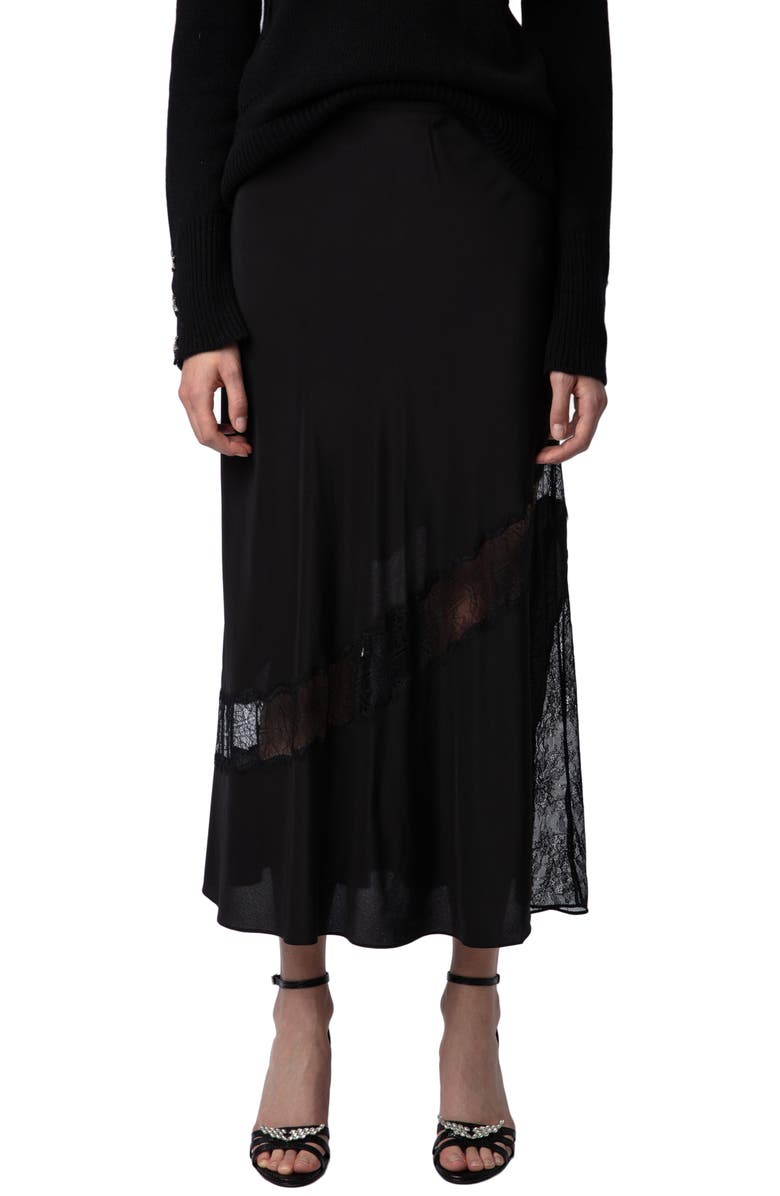 Zadig & Voltaire Jaylal Lace Trim Silk Maxi Skirt, Main, color, Noir