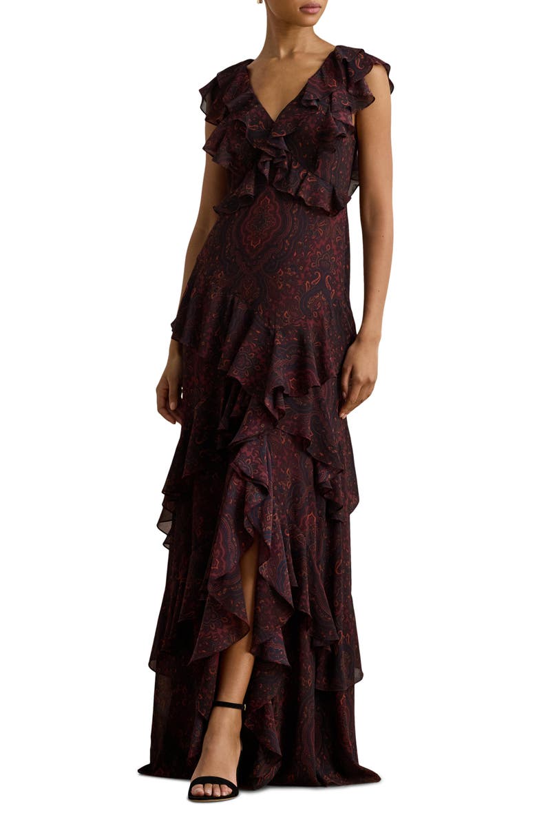 Lauren Ralph Lauren Paisley Tiered Ruffle Trim Gown, Main, color, Dark Garnet Multi