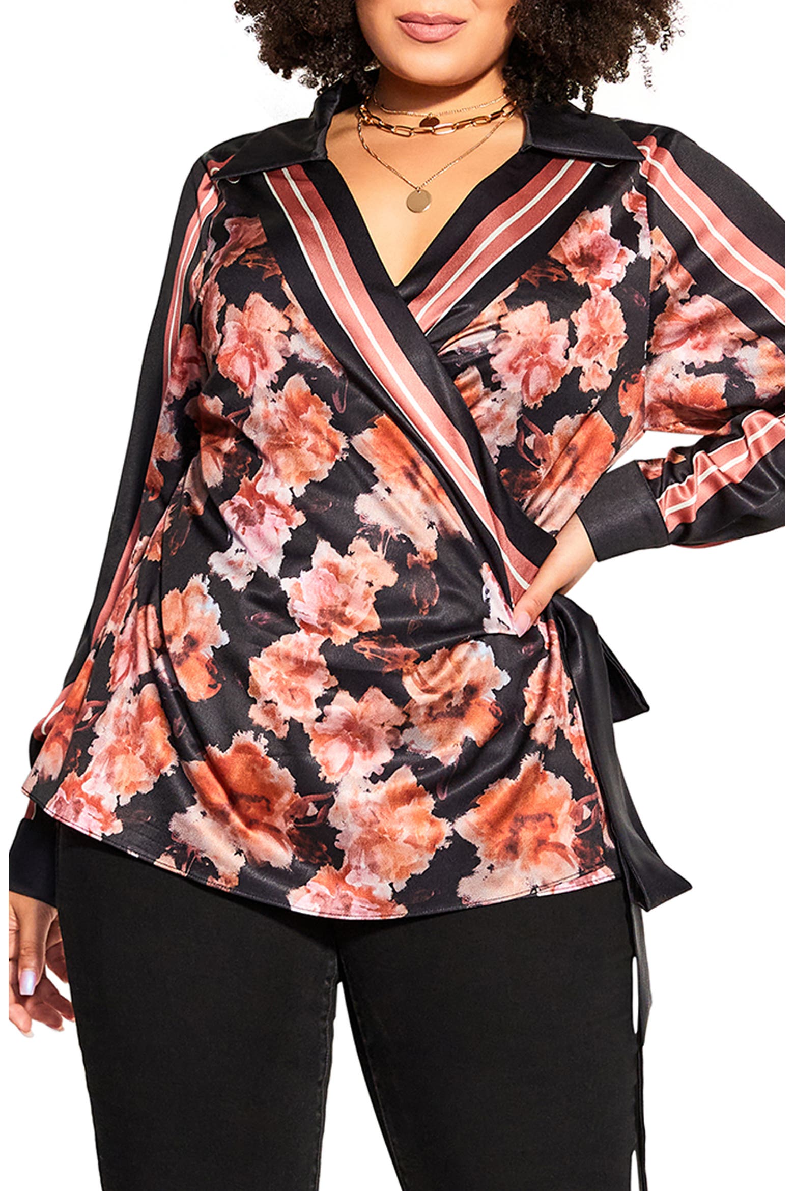 Spread Out Roses City Chic Rose Scarf Long Sleeve Wrap Top (Women) | Nordstrom