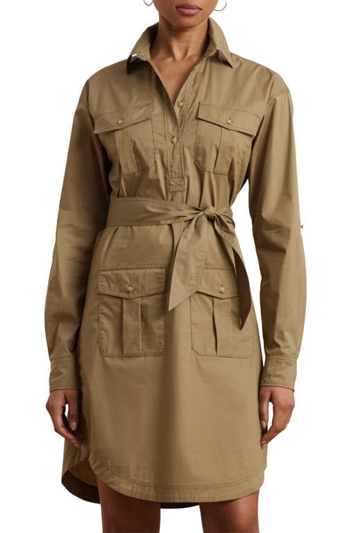 Shop Ralph Lauren Lauren  Tie Waist Long Sleeve Stretch Poplin Shirtdress In Madison Tan