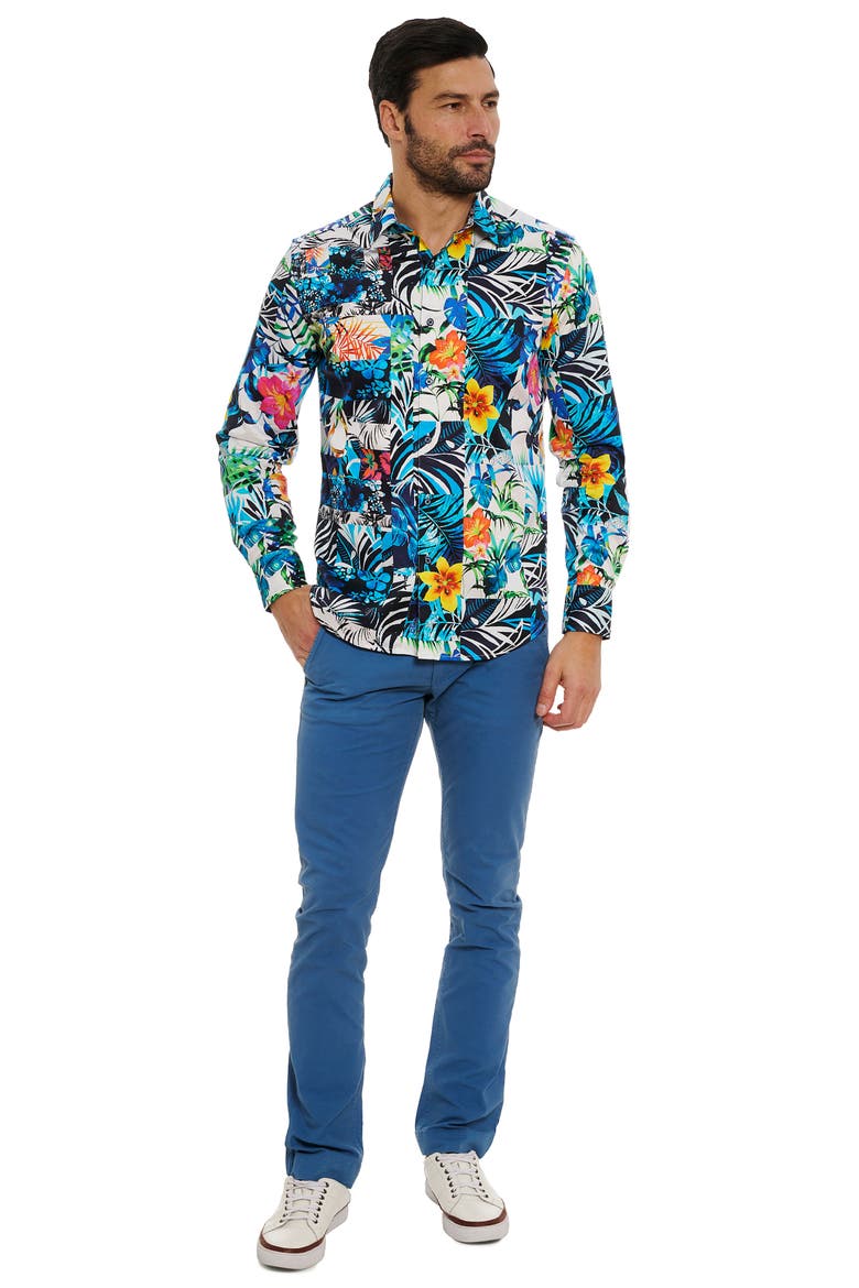 Tahiti Floral Stretch Cotton Button-Up Shirt, Alternate, color, BLUE MULTI