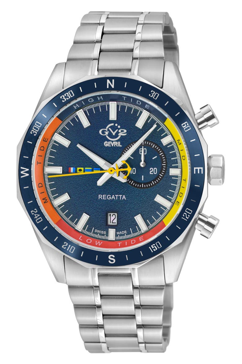Regatta Stainless Steel Swiss Quartz Bracelet Watch, 42mm, Main, color, BLUE/ STAINLESS STEEL