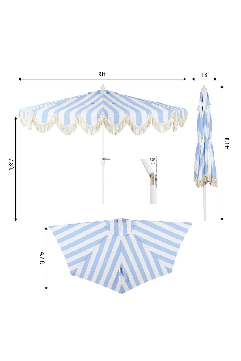 Beverly Coastal Half Patio Umbrella, Space-Saving Balcony Shade with Scalloped Fringe, Crank & Manual Tilt, Alternate, color, Light Blue/White Pole