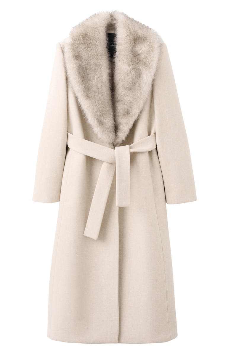 MANGO Manteco Longline Trench Coat with Removable Faux Fur Collar, Alternate, color, Light Ivory/ Pastel Grey