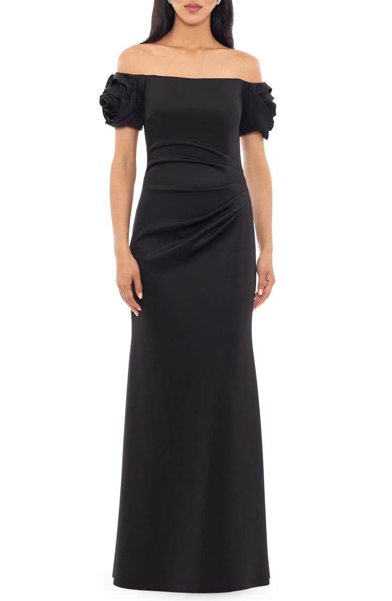 Xscape Evenings Rosette Off the Shoulder Scuba Crepe Trumpet Gown, Main, color, 