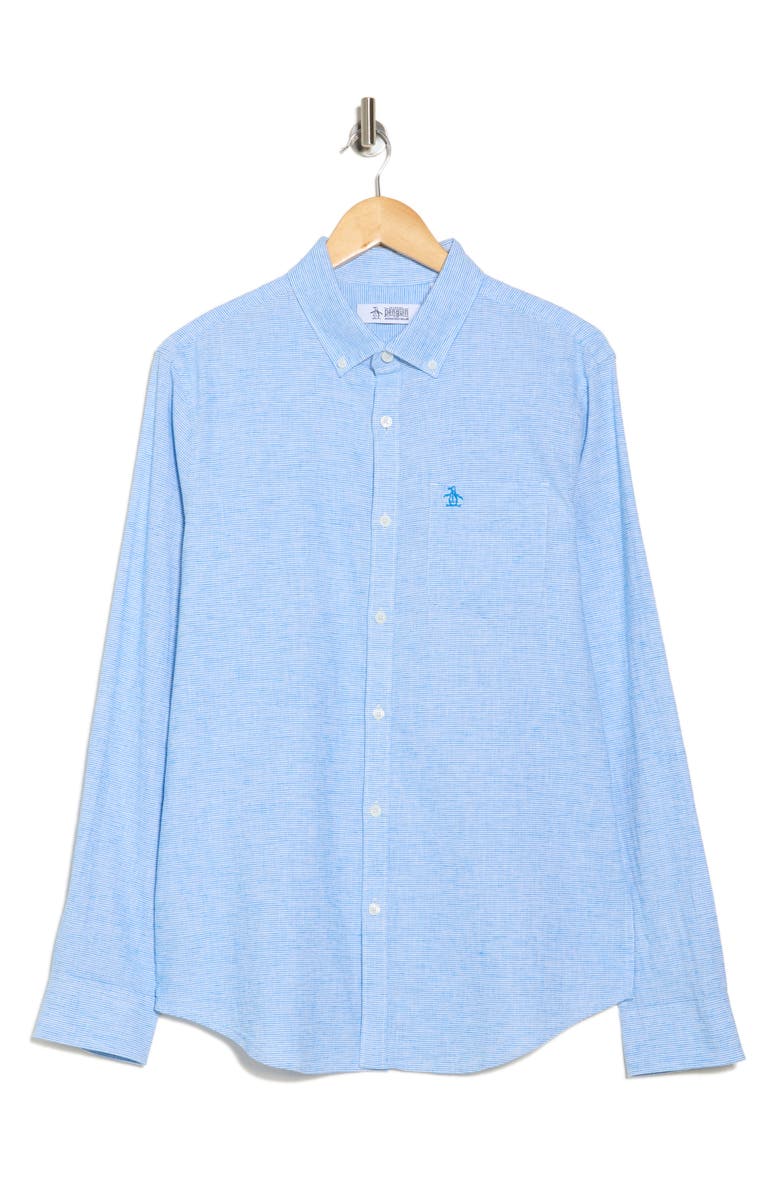 Original Penguin Stripe Stretch Linen & Cotton Button-Down Shirt, Alternate, color, Ibiza Blue