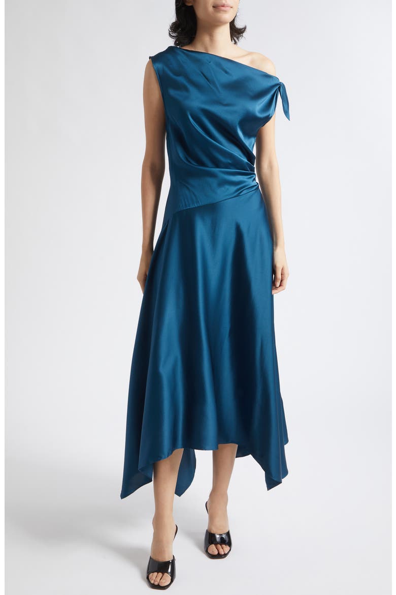 Portia One-Shoulder Stretch Silk Dress, Main, color, HARBOR