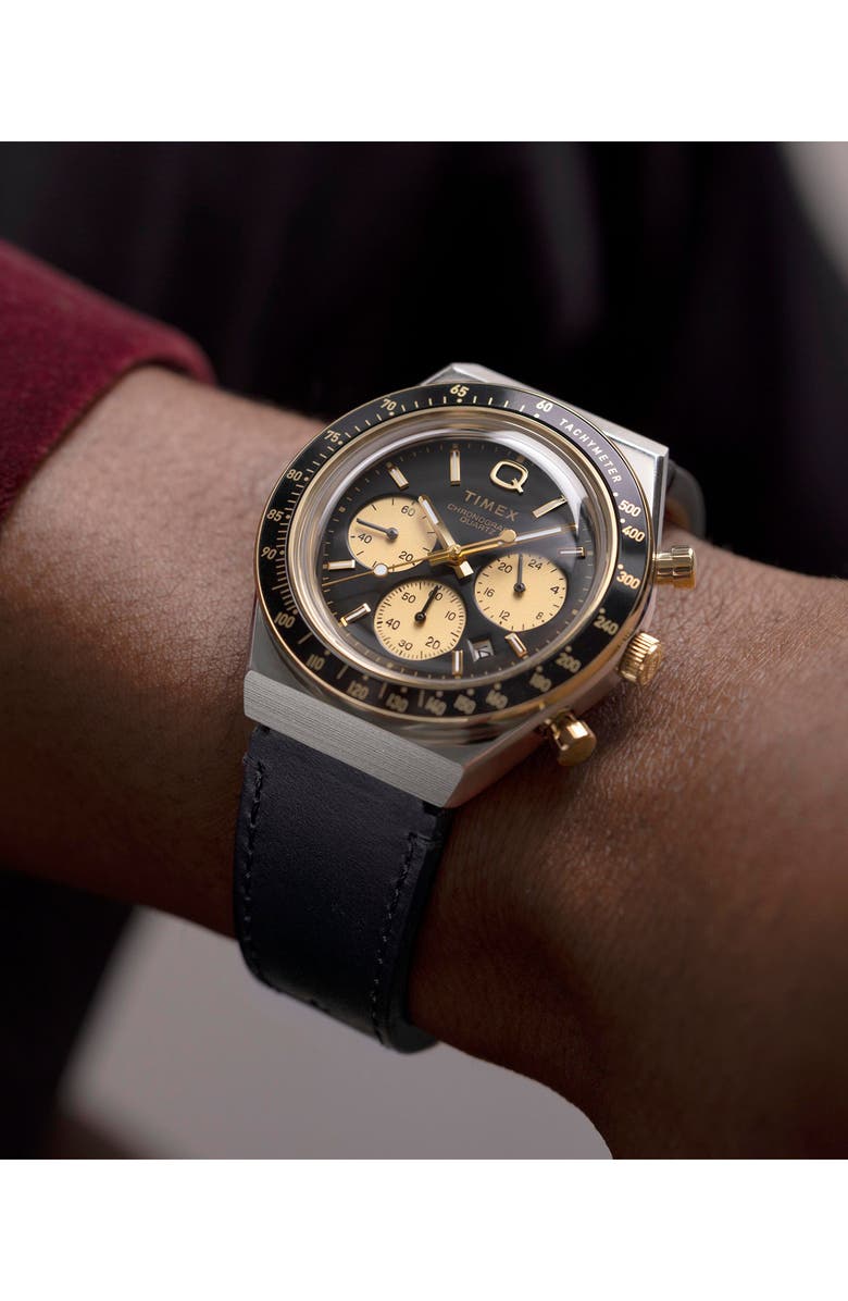 Timex<sup>®</sup> Q Chronograph Leather Strap Watch, 40mm, Alternate, color, Black