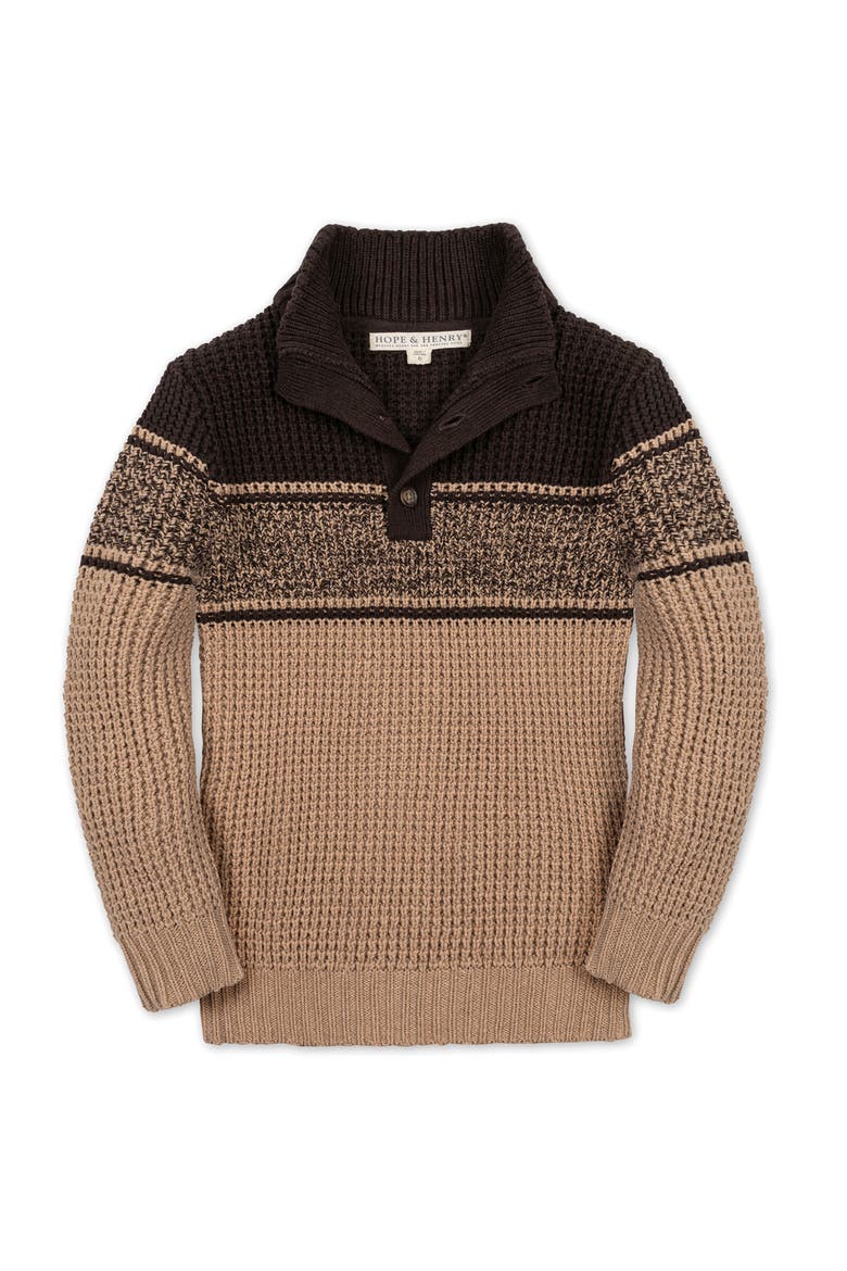 Kids' Organic Mock Neck Waffle Sweater, Main, color, Camel and Chocolate Stripe