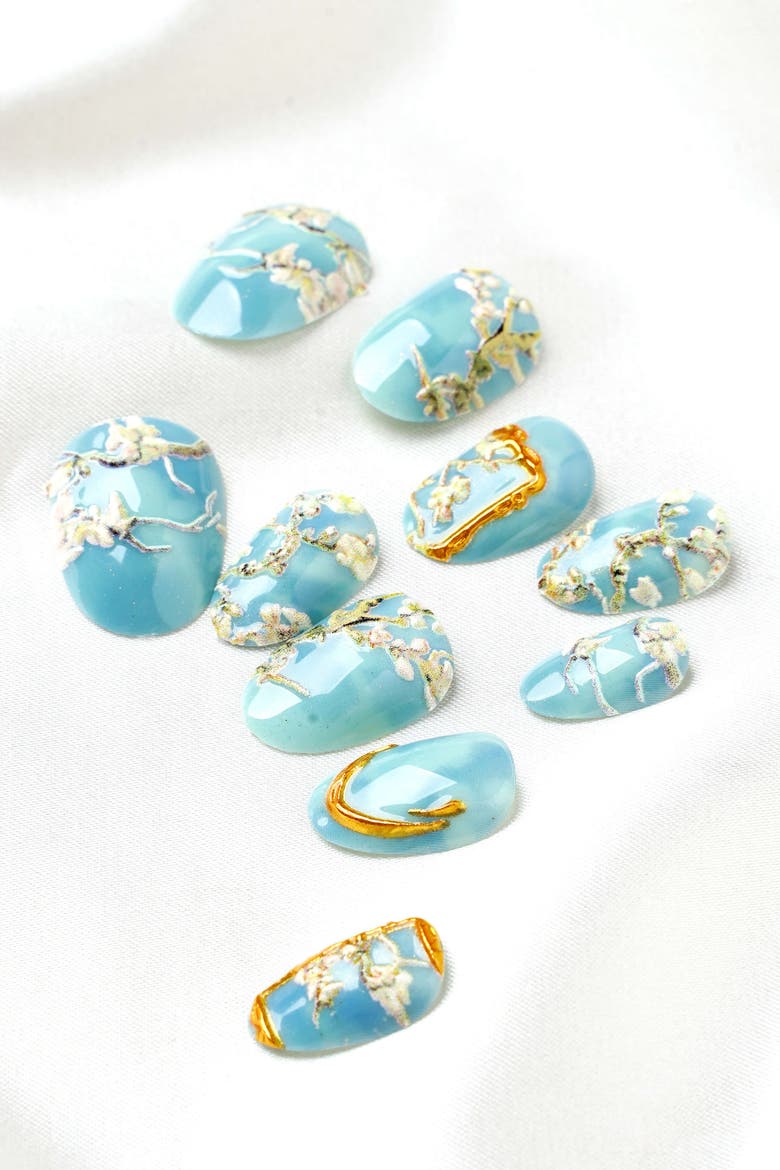Van Gogh Almond Blossom Short Oval Press On Nails, Alternate, color, Blue
