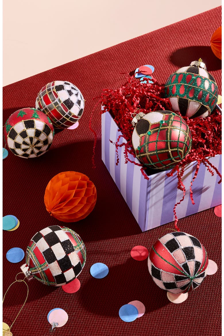 Set of 6 Tartan Glass Ball Ornaments, Alternate, color, RED