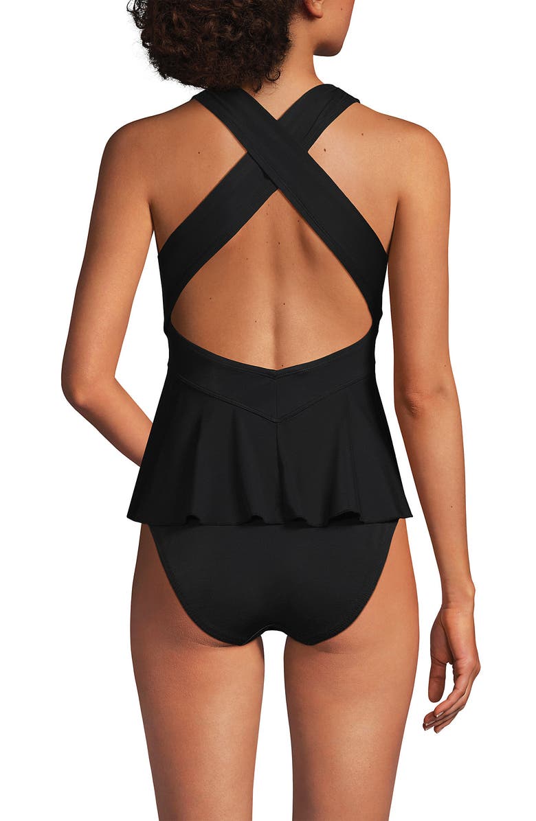 Lands' End SlenderSuit Plunge Ruched X-Back Ruffle Fauxkini One Piece Swimsuit, Alternate, color, Black