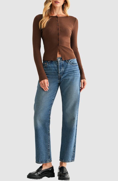 Lush Long Sleeve Button Front Crop Top In Brown